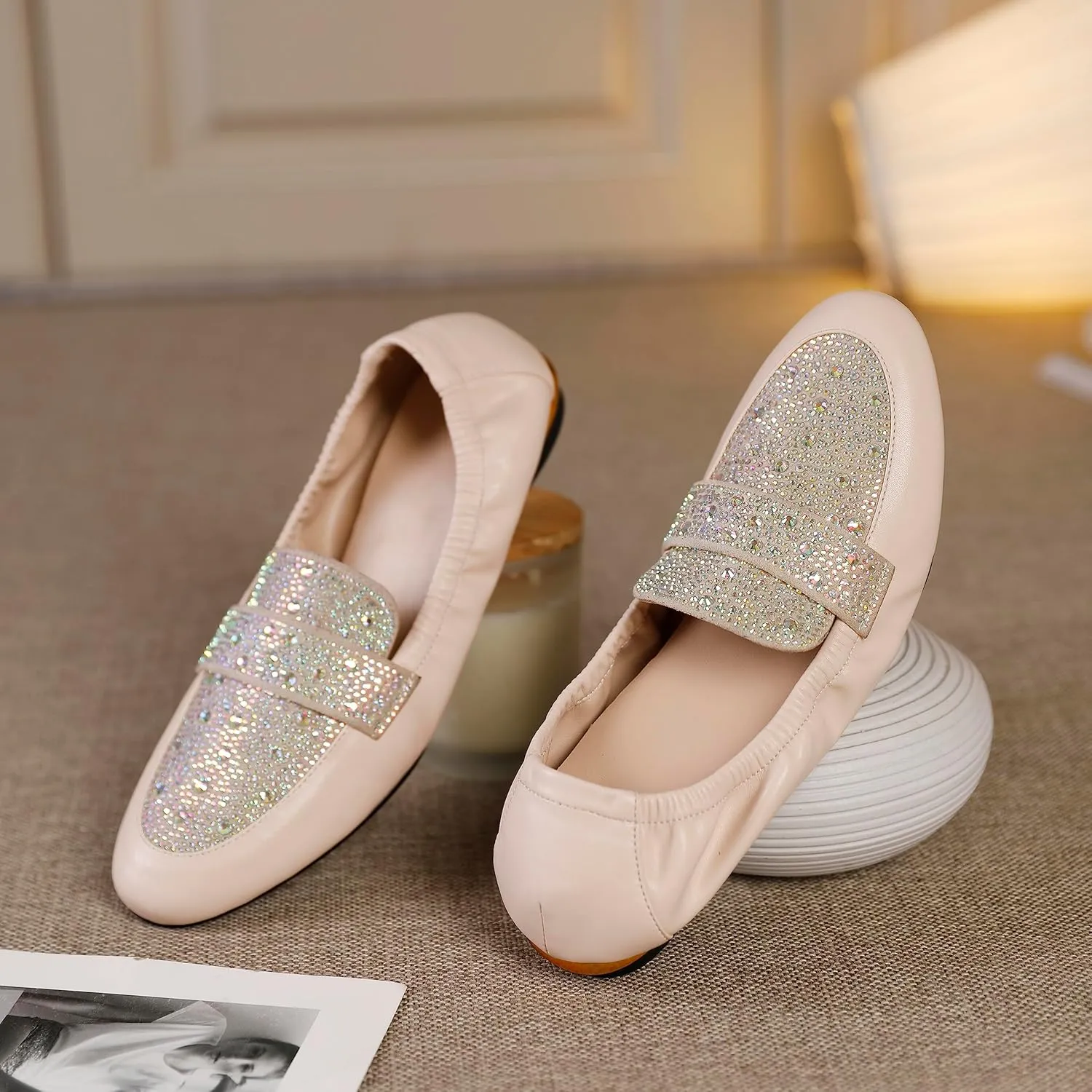 Joseywade Women's Ballet Flat Shoes Round Toe Slip On Rhinstone Walking Flats Cute Casual Low Comfort Soft Dress Shoes