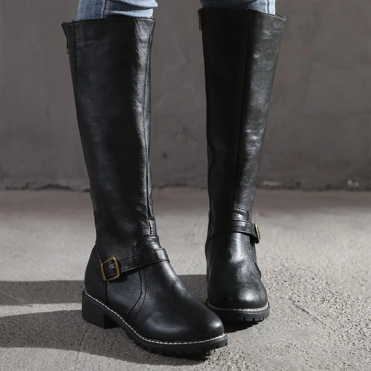 Knee High Boots for Women Vintage Side Zipper Tall Boots Mid Calf Boots Riding Boots Fall Boots Buckle