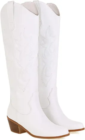 Ladmiple Cowboy Boots For Women Mid Calf Wide Width Wide Calf Knee High Cowgirl Boots Embroidery Fashion Boot Pull On