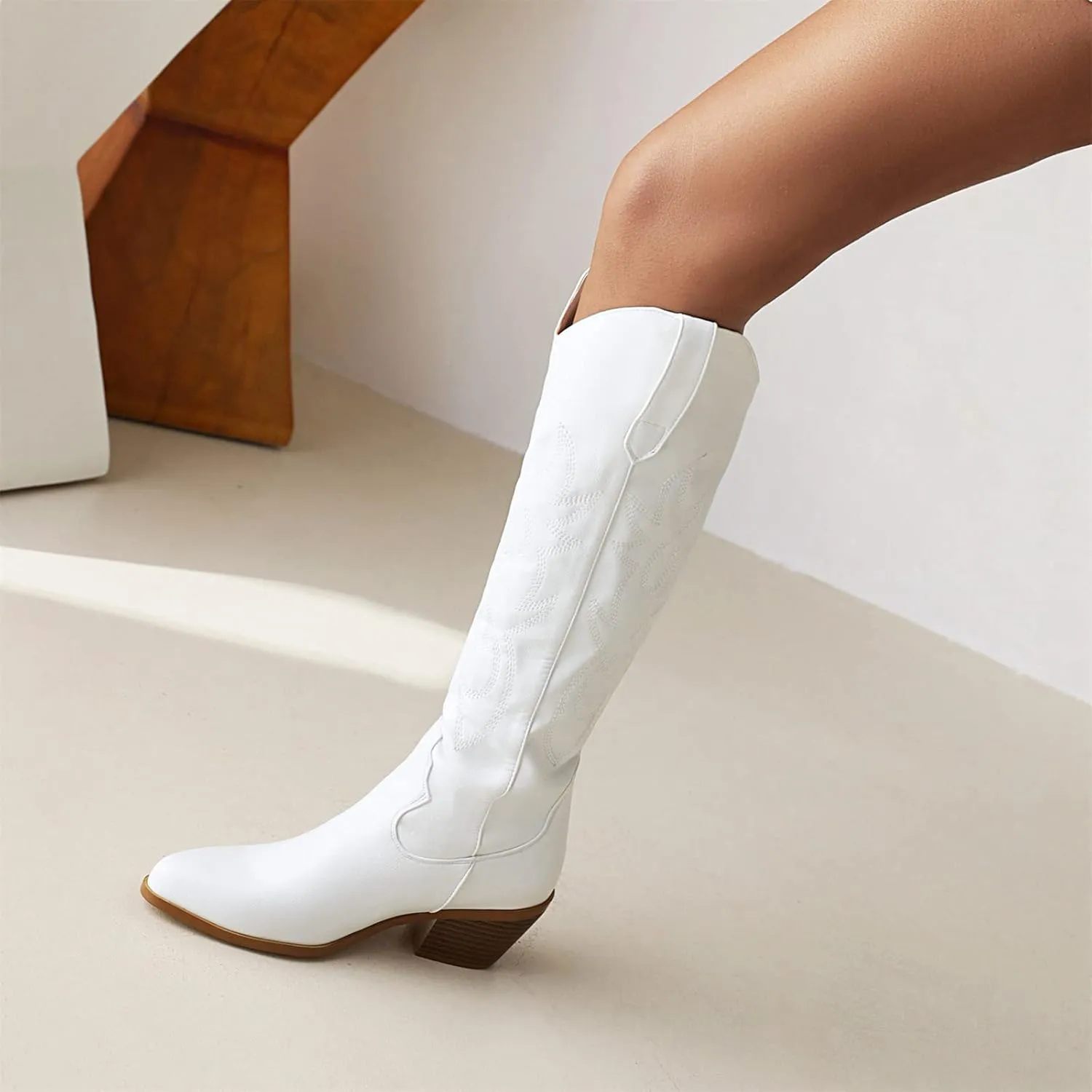 Ladmiple Cowboy Boots For Women Mid Calf Wide Width Wide Calf Knee High Cowgirl Boots Embroidery Fashion Boot Pull On