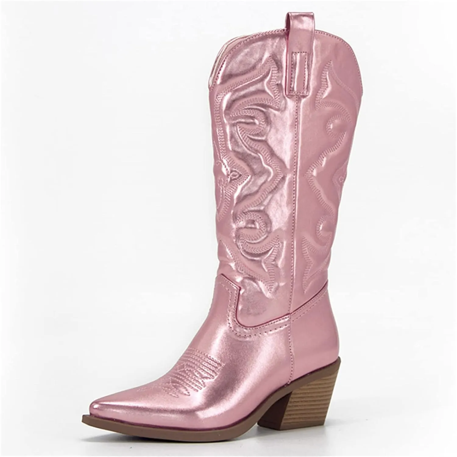 Ladmiple Cowgirl Boots Women Low Heel Embroidered Western Knee High Boots Pointed Toe Pull On Cowboy Boots for Ladies