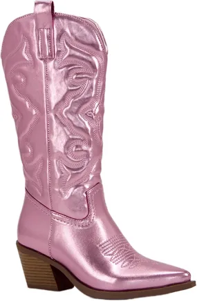 Ladmiple Cowgirl Boots Women Low Heel Embroidered Western Knee High Boots Pointed Toe Pull On Cowboy Boots for Ladies
