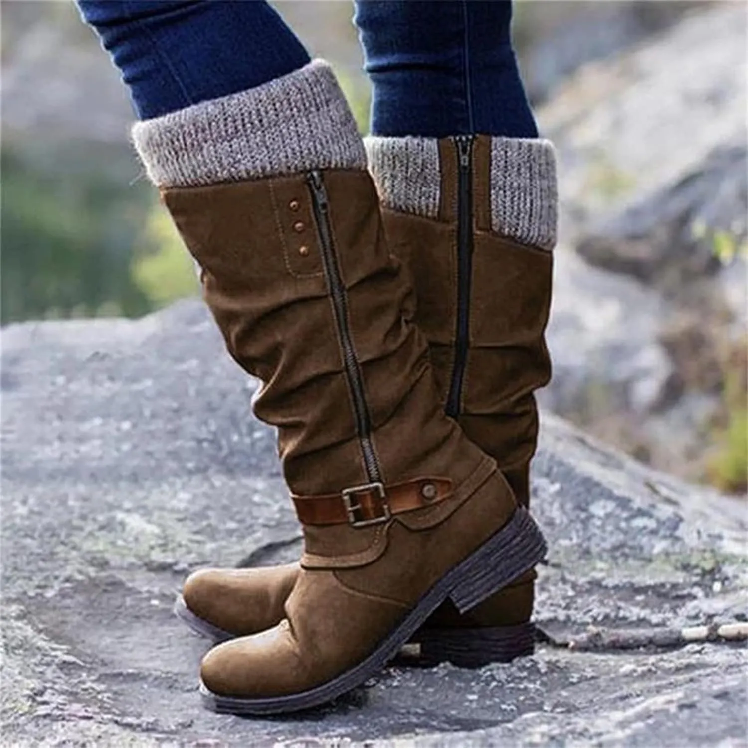 Lausiuoe Boots For Women Knee High Wide Width Cowboy Cowgirl Western Boots Low Heel Wide Calf Fashion Boot Pull-On