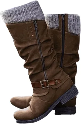 Lausiuoe Boots For Women Knee High Wide Width Cowboy Cowgirl Western Boots Low Heel Wide Calf Fashion Boot Pull-On