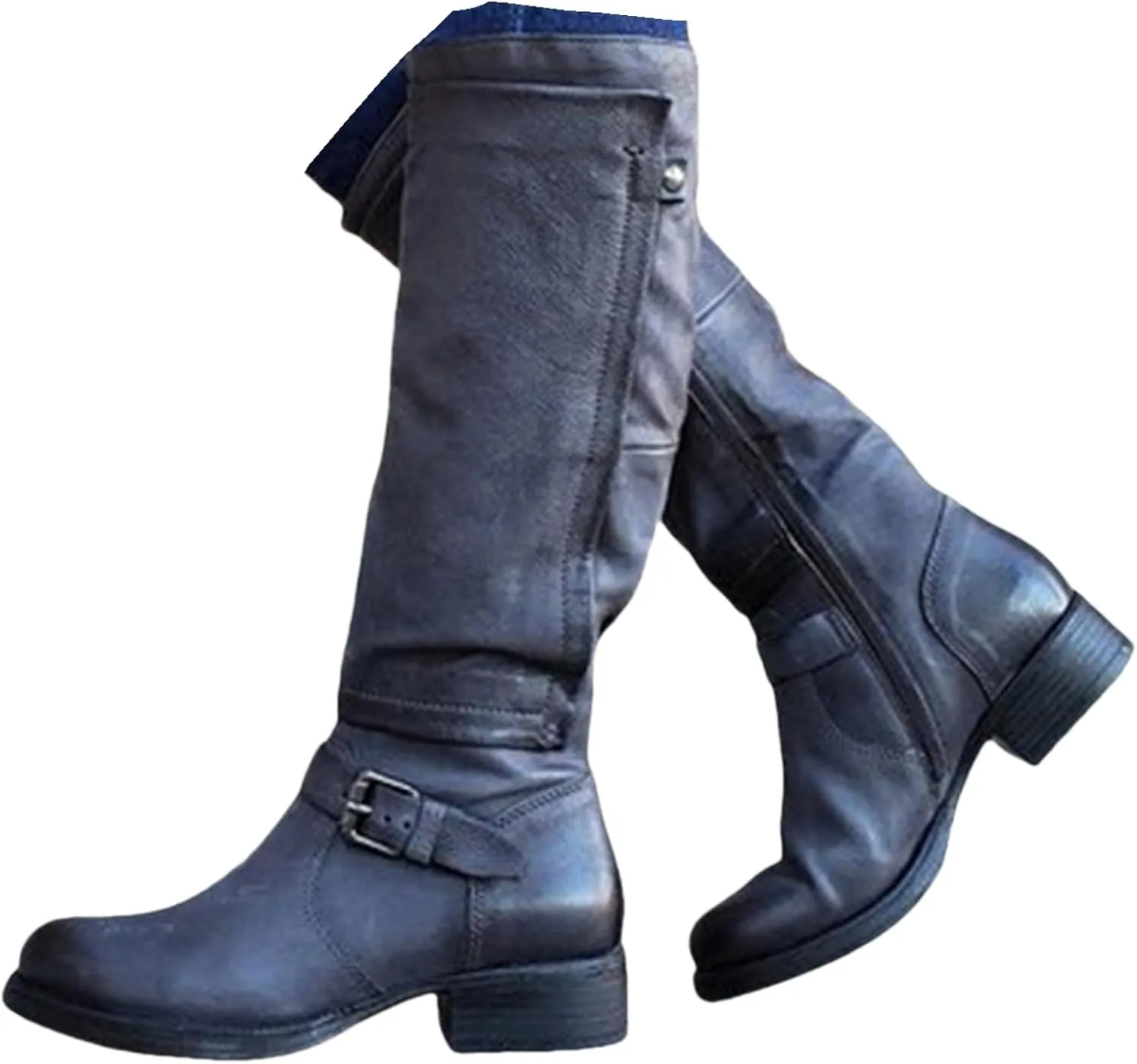 Lausiuoe Boots For Women Low Heel Mid Calf Comfortable Winter Boots Side Zip Slouchy Western Cowboy Warm Non Slip Outdoor Shoes