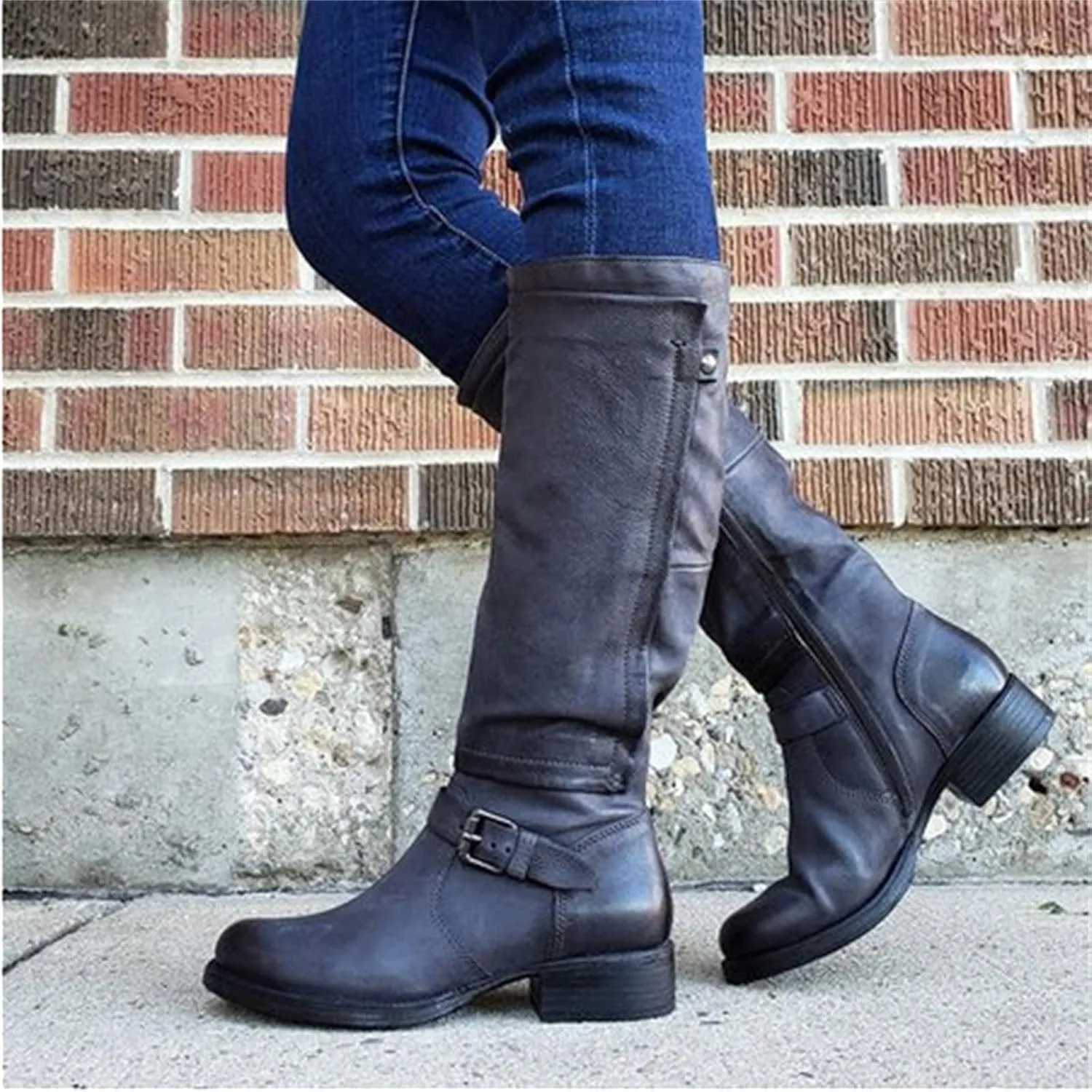 Lausiuoe Boots For Women Low Heel Mid Calf Comfortable Winter Boots Side Zip Slouchy Western Cowboy Warm Non Slip Outdoor Shoes