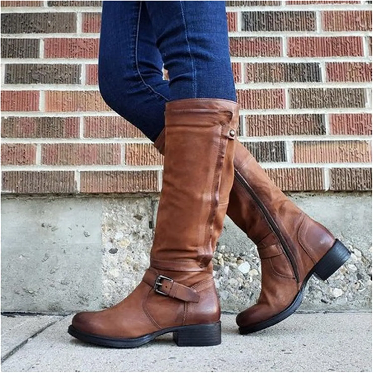 Lausiuoe Boots For Women Low Heel Mid Calf Comfortable Winter Boots Side Zip Slouchy Western Cowboy Warm Non Slip Outdoor Shoes