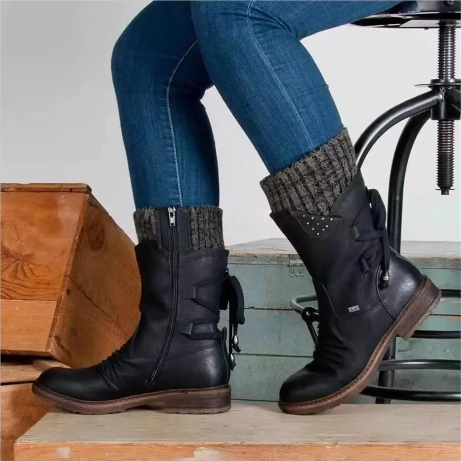 Lausiuoe Boots For Women Low Heel Mid Calf Fashion Winter Snow Boots Wide Calf Side Zip Slouchy Cowboy Warm Non Slip Outdoor Shoe