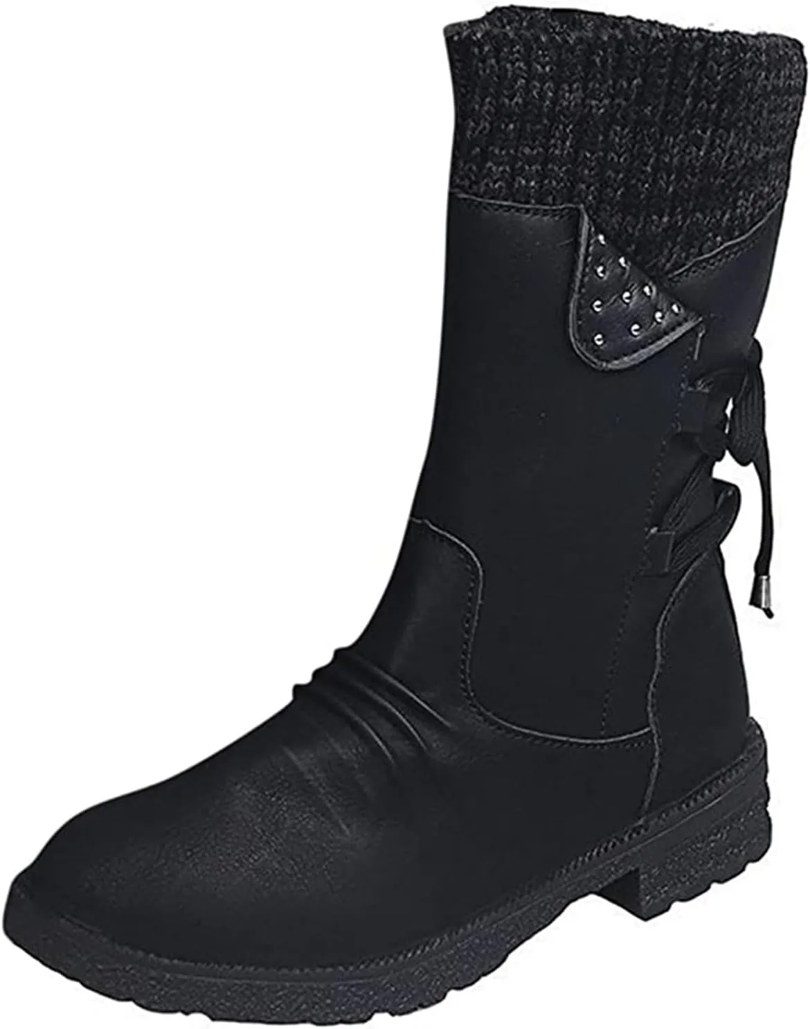 Lausiuoe Boots For Women Low Heel Mid Calf Fashion Winter Snow Boots Wide Calf Side Zip Slouchy Cowboy Warm Non Slip Outdoor Shoe