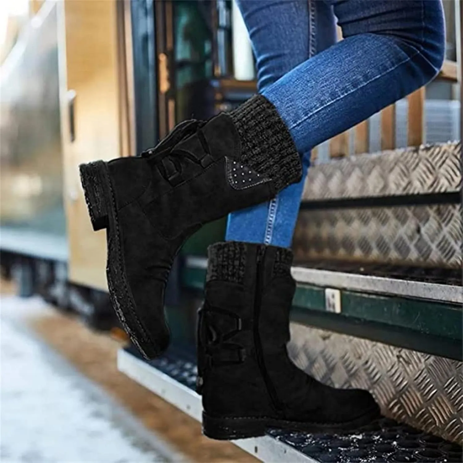Lausiuoe Boots For Women Low Heel Mid Calf Fashion Winter Snow Boots Wide Calf Side Zip Slouchy Cowboy Warm Non Slip Outdoor Shoe