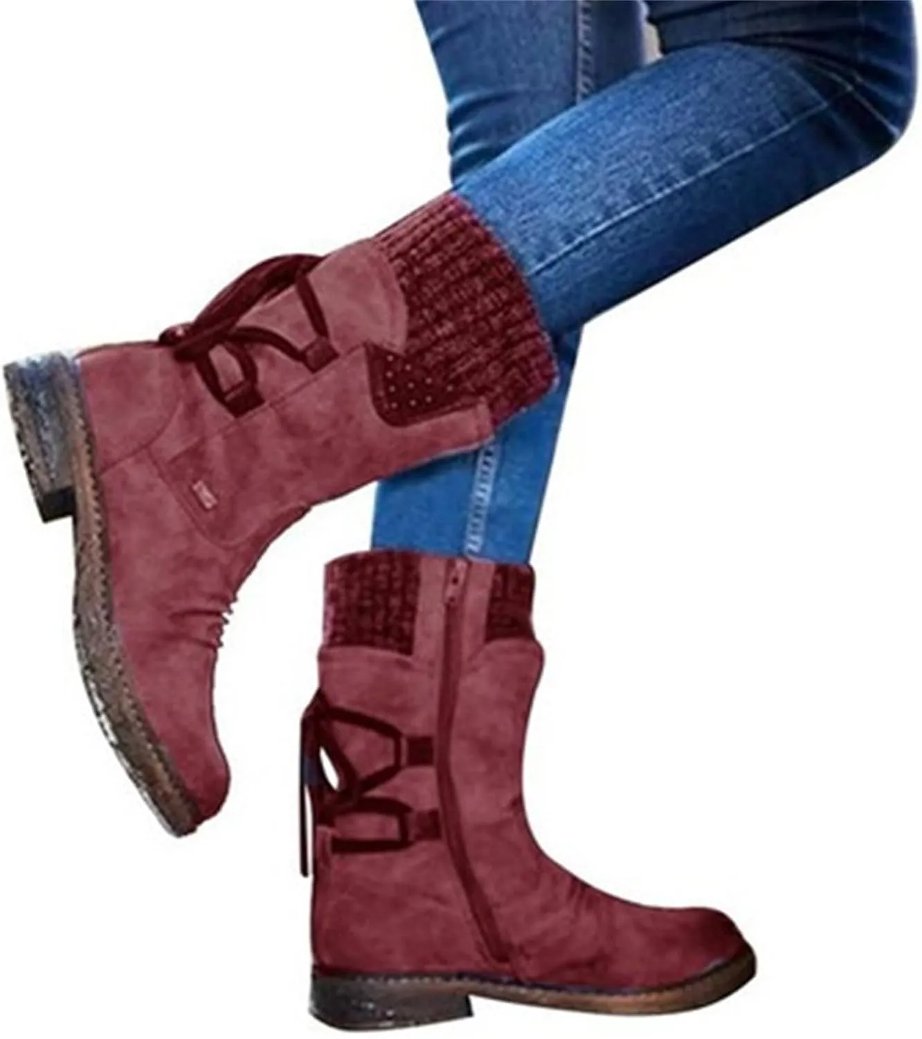 Lausiuoe Boots For Women Low Heel Mid Calf Winter Boots Side Zip Western Platform Hiking Booties Warm Non Slip Outdoor Shoes