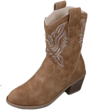 Lausiuoe Cowboy Boots For Women Wide Calf Wide Foot Embroidered Western Cowgirl Style Knee High Chunky Heel Fashion Boot