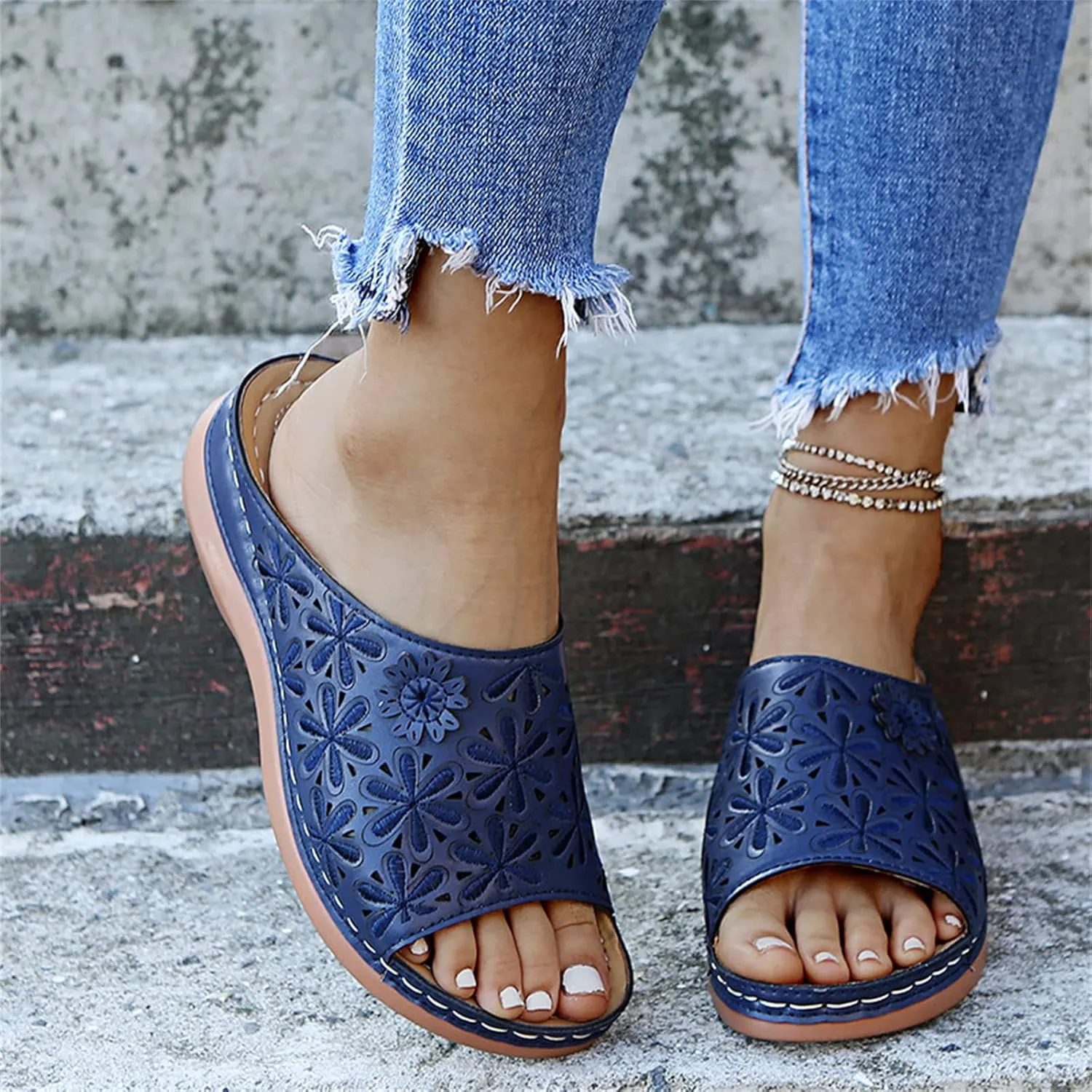 Lausiuoe Fashion Sandals Women Dressy Summer Flat Orthotic Slides Comfortable Orthopedic Casual Arch Support Flip Flops