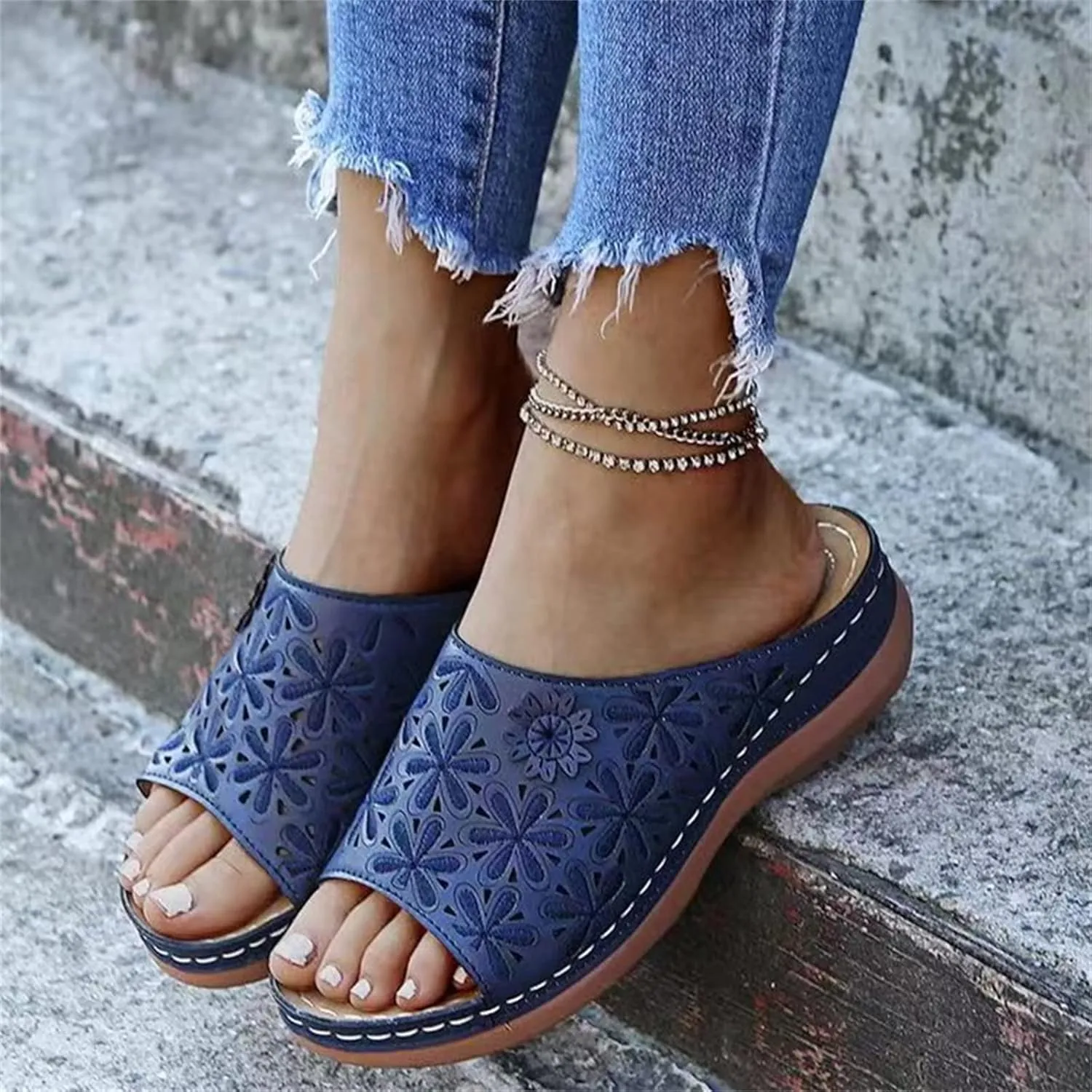Lausiuoe Fashion Sandals Women Dressy Summer Flat Orthotic Slides Comfortable Orthopedic Casual Arch Support Flip Flops