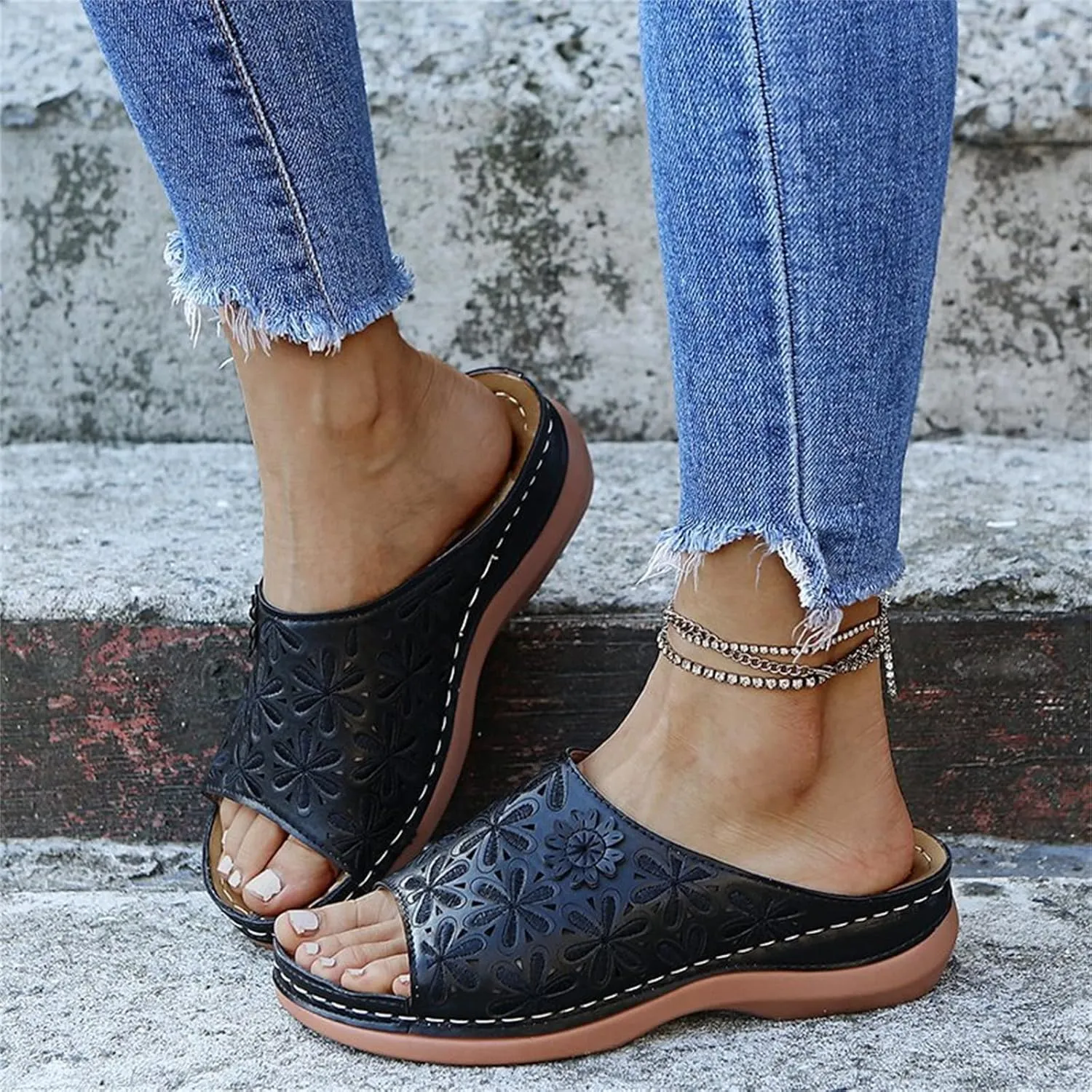 Lausiuoe Orthopedic Sandals Women Dressy Summer Flat Sandals Comfortable Walking Wedge Orthotic Flip Flops with Arch Support