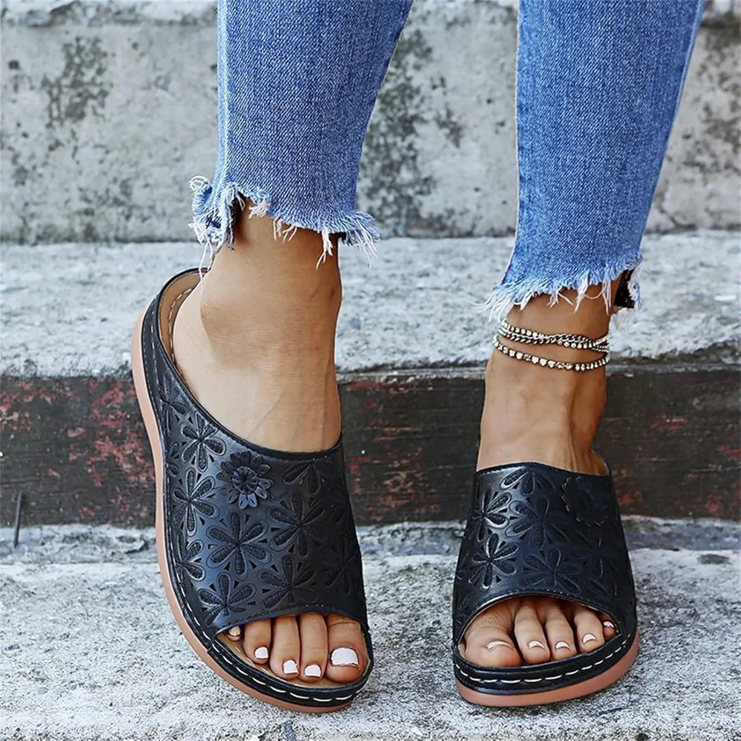 Lausiuoe Orthopedic Sandals Women Dressy Summer Flat Sandals Comfortable Walking Wedge Orthotic Flip Flops with Arch Support