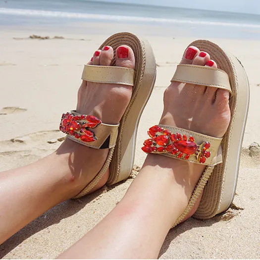 Lobster - Waterproof Espadrille Platform Wedge Sandals Red Crystals Stone Embellished