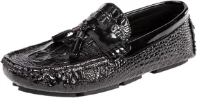 Men's Genuine Leather Loafers with Tassel, Round Toe, Faux Crocodile Grain, Slip-Resistant, Flexible, Comfortable Fashion Slip-Ons