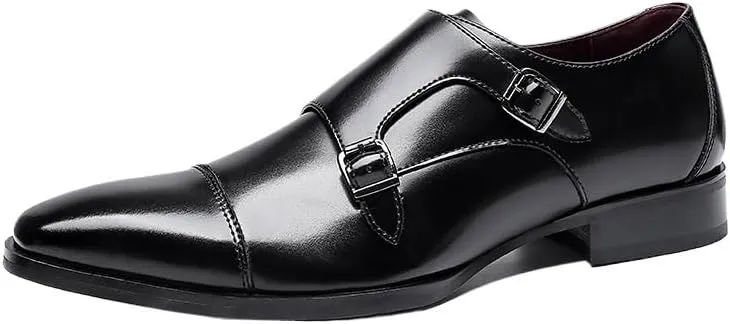 Men's Leather Buckle Strap Flat Loafers Classic Pointed Toe Anti-Slip Lug Sole Chunky Slip-On Loafers for Business Office Formal Shoes