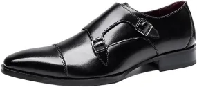 Men's Leather Buckle Strap Flat Loafers Classic Pointed Toe Anti-Slip Lug Sole Chunky Slip-On Loafers for Business Office Formal Shoes