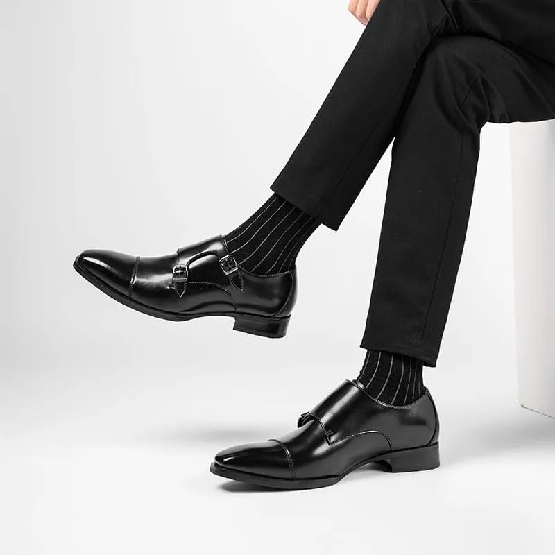 Men's Leather Buckle Strap Flat Loafers Classic Pointed Toe Anti-Slip Lug Sole Chunky Slip-On Loafers for Business Office Formal Shoes