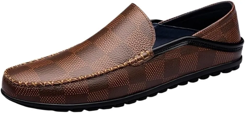 Men's Leather Lattice Loafers Mens Slip-On Loafers Classic Flats Smoking Loafers for Business Casual Dress Prom Party