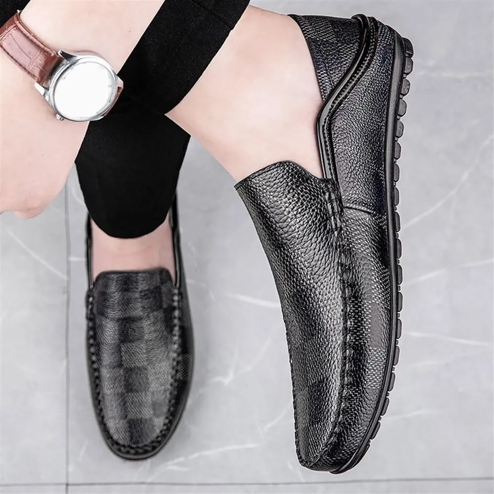 Men's Leather Lattice Loafers Mens Slip-On Loafers Classic Flats Smoking Loafers for Business Casual Dress Prom Party