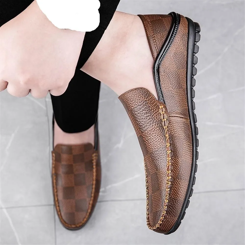 Men's Leather Lattice Loafers Mens Slip-On Loafers Classic Flats Smoking Loafers for Business Casual Dress Prom Party