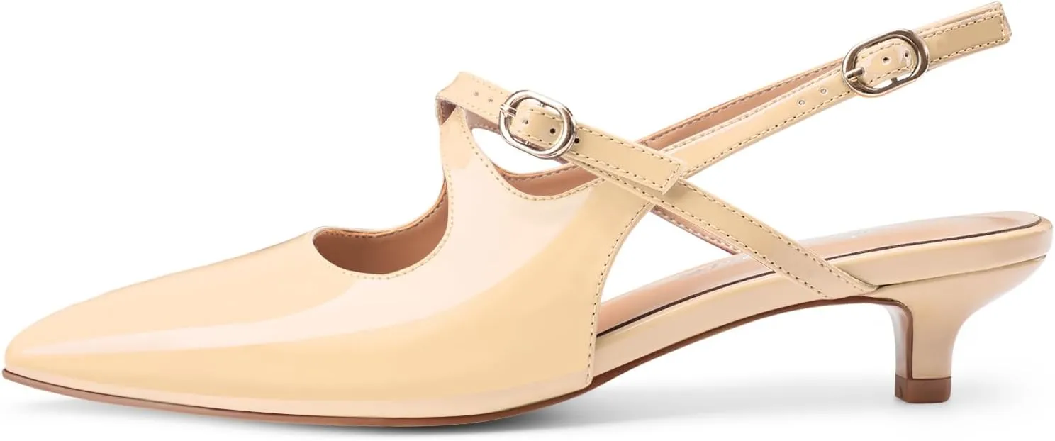 Oh Mispares Pointed Toe Kitten Heels for Women Slingbacks Low Heel Dressy Pumps Patent Leather Closed Toe Cross Strap Slingback Dress Shoes