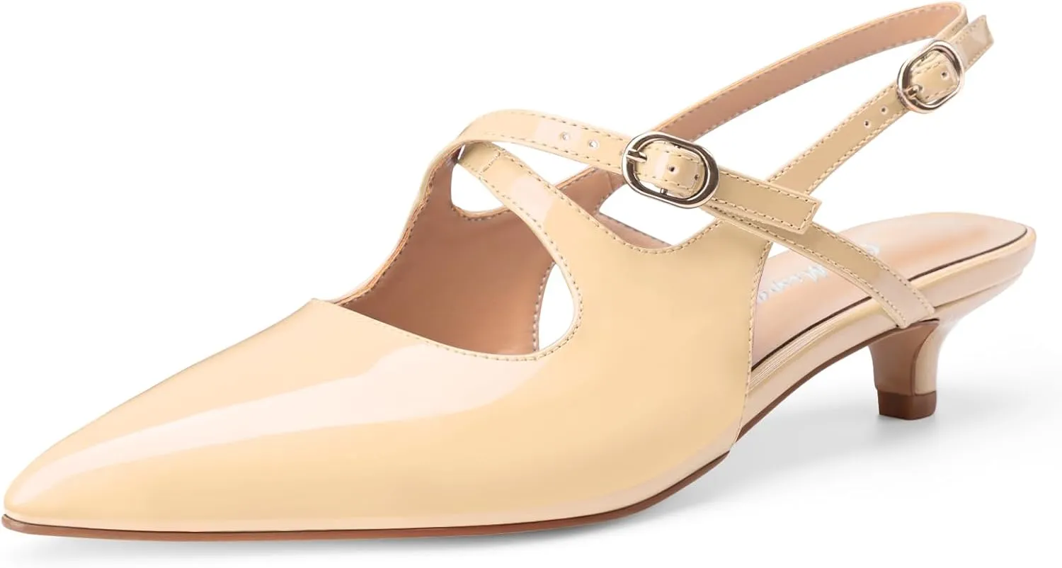 Oh Mispares Pointed Toe Kitten Heels for Women Slingbacks Low Heel Dressy Pumps Patent Leather Closed Toe Cross Strap Slingback Dress Shoes
