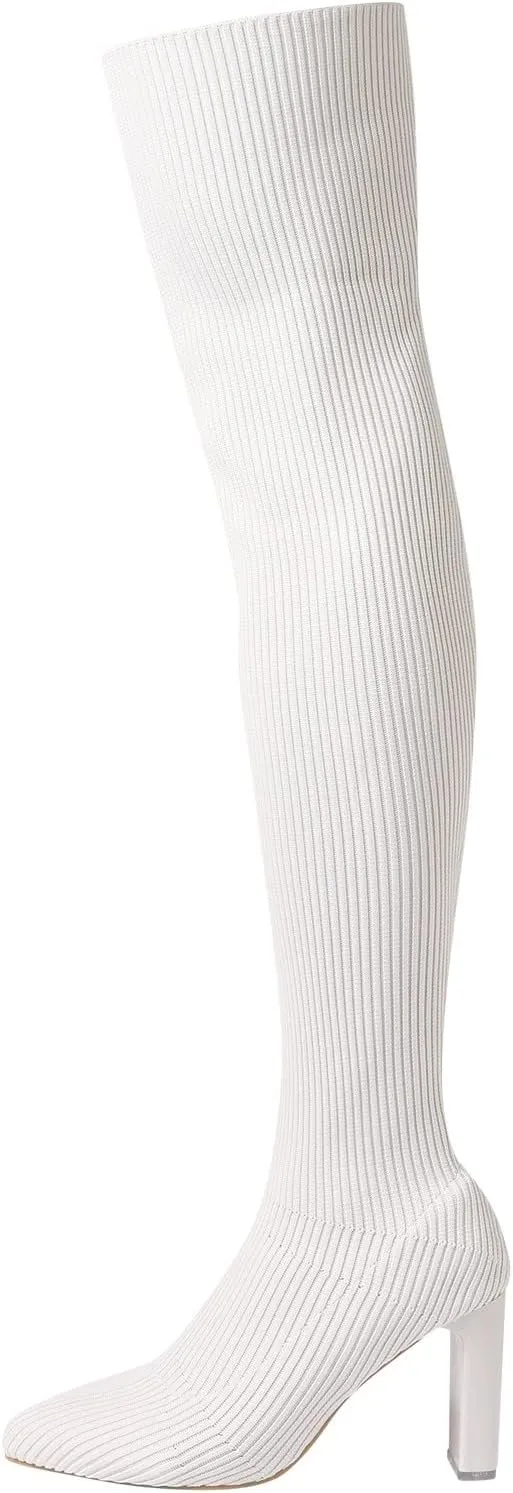 owillhua Women's Thigh High Boots Over-the-Knee Boots Stretchy Knit Round Toe Knee High Boots Black Suede Platform Boots