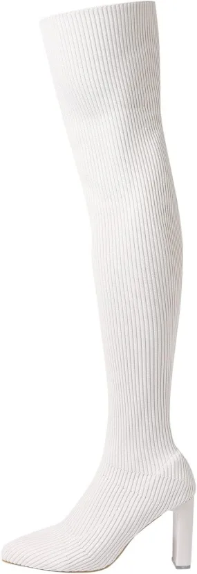 owillhua Women's Thigh High Boots Over-the-Knee Boots Stretchy Knit Round Toe Knee High Boots Black Suede Platform Boots