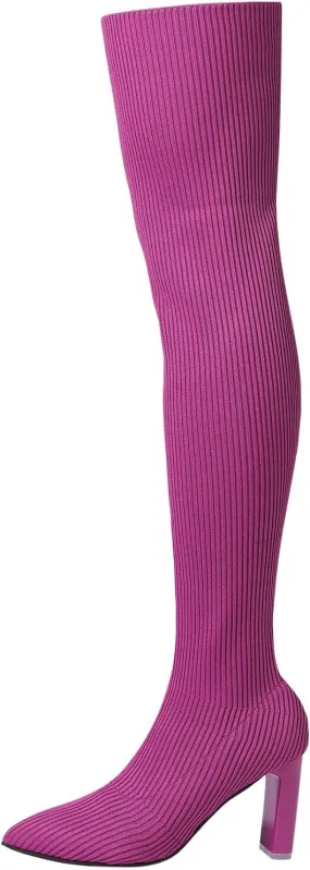 owillhua Women's Thigh High Boots Over-the-Knee Boots Stretchy Knit Round Toe Knee High Boots Black Suede Platform Boots