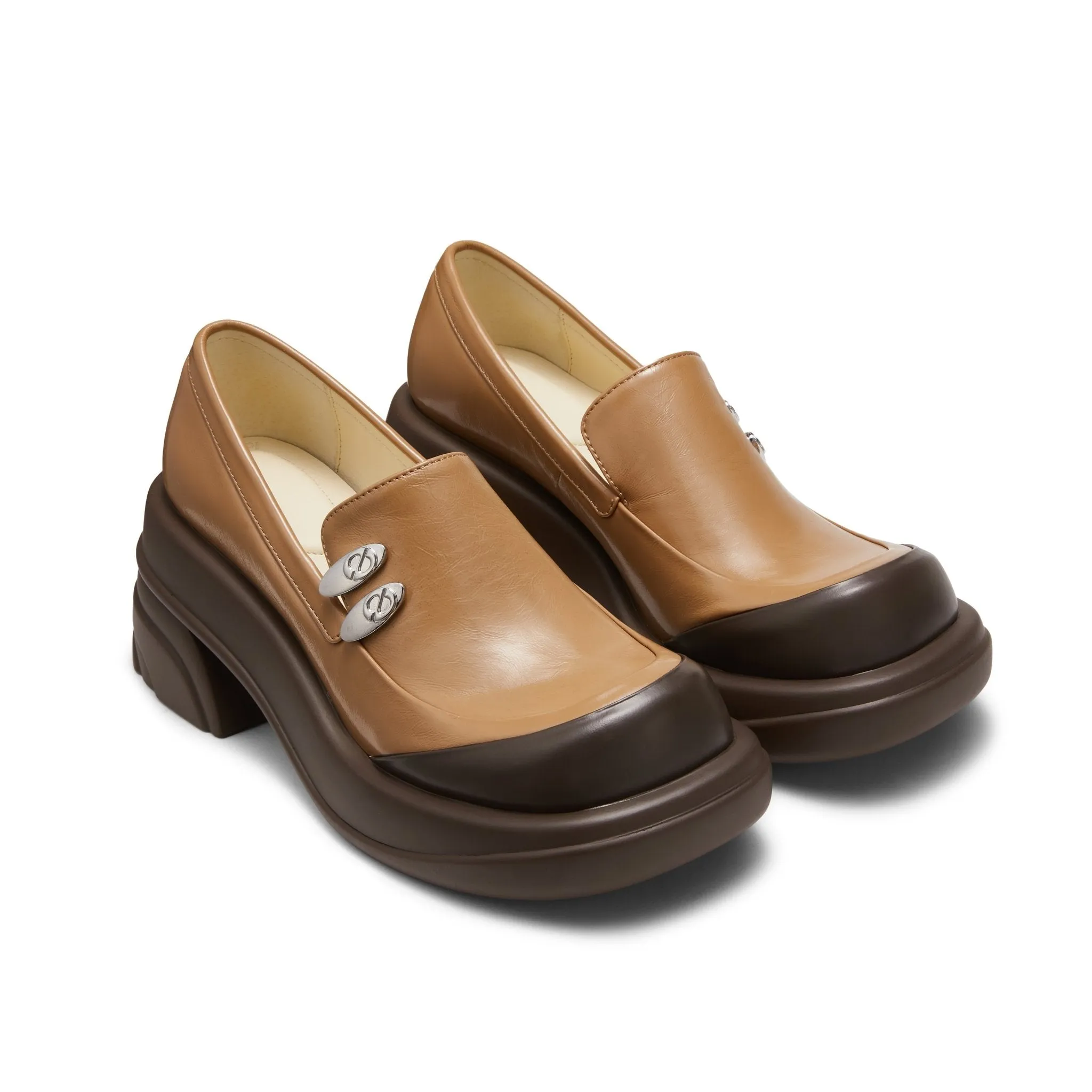 Round toe thick-heeled shoes in Brown