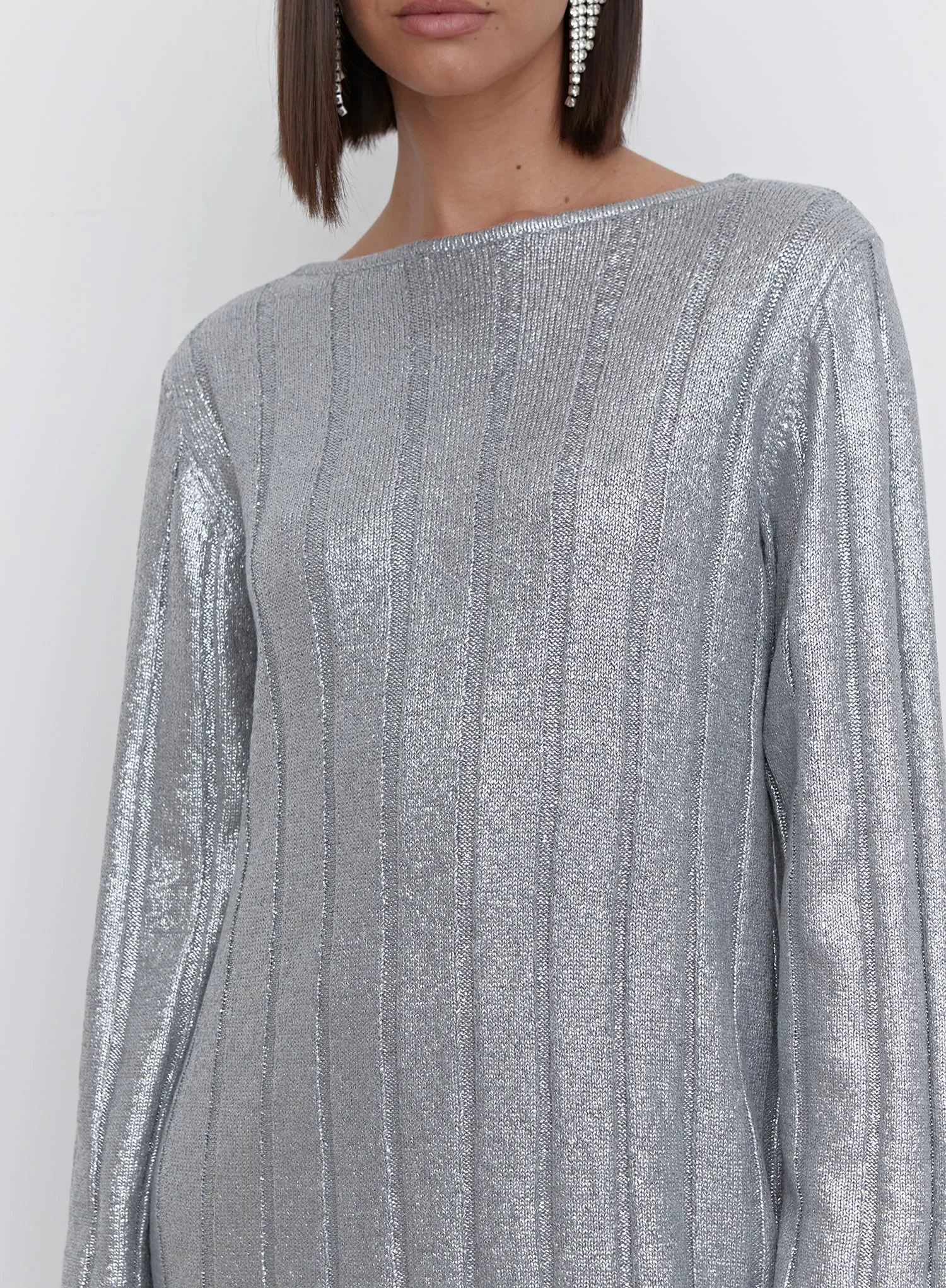 Silver Metallic Knit Tie Back Jumper Dress - Paloma