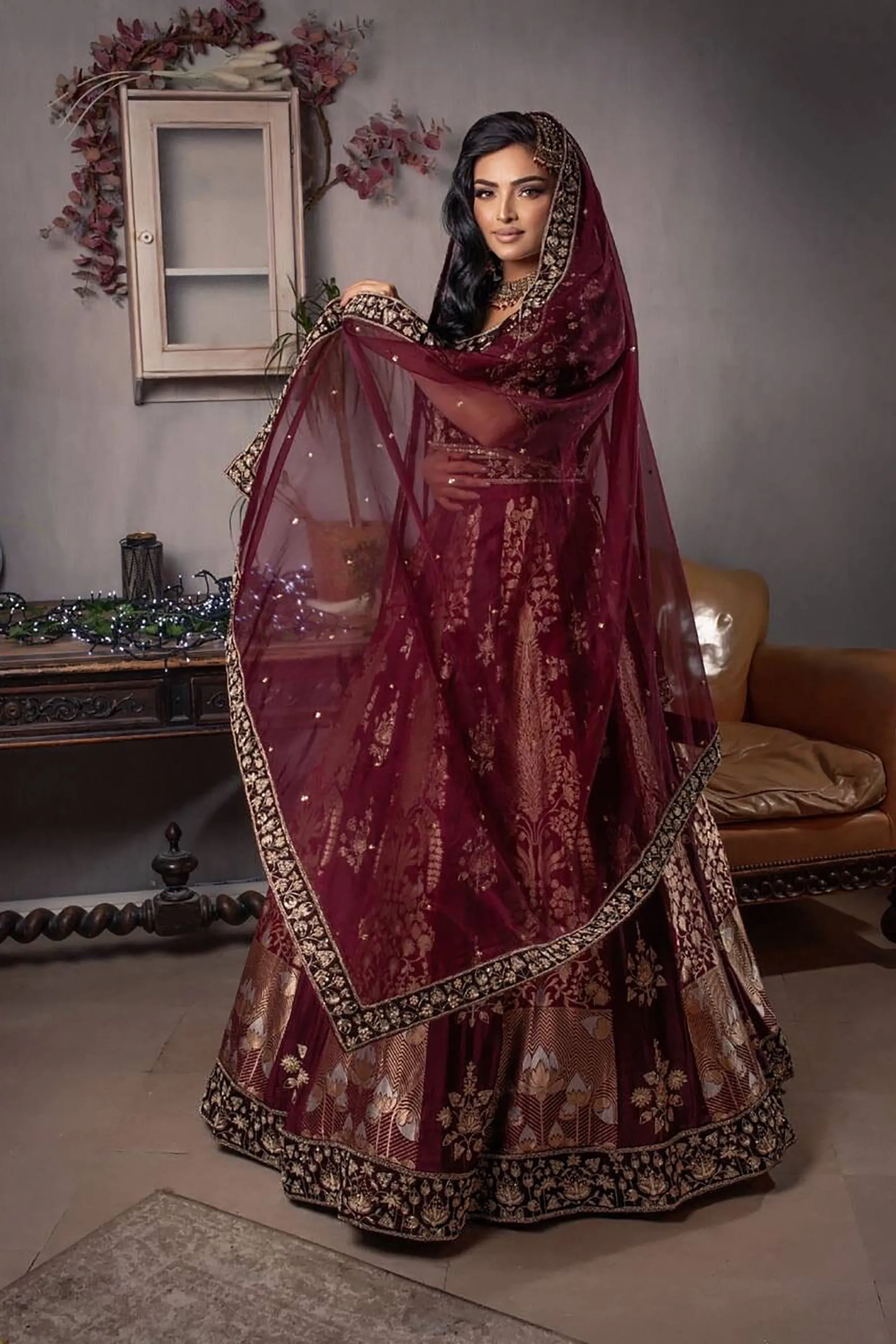 Traditional Deep Maroon & Gold Bridal Wedding Silk Lehenga Set