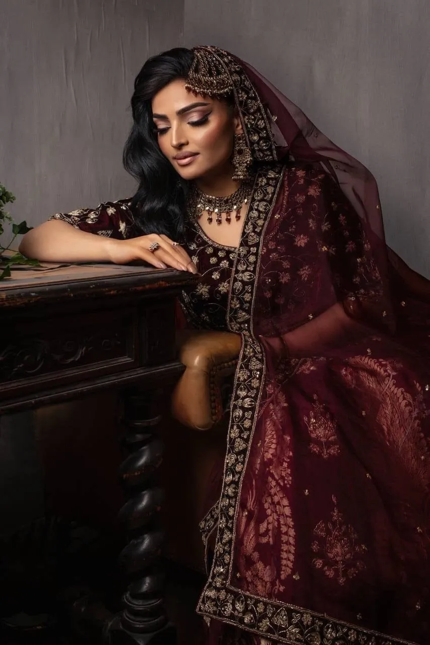 Traditional Deep Maroon & Gold Bridal Wedding Silk Lehenga Set