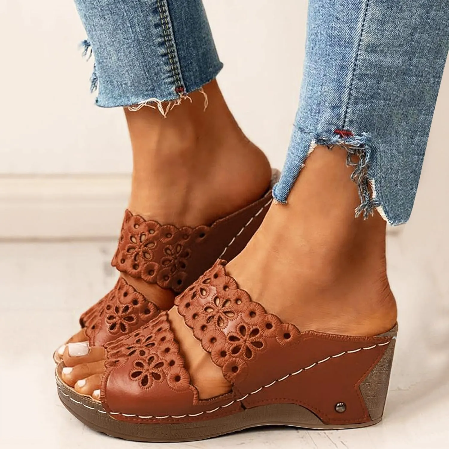 Wedge Sandals for Women Orthopedic Comfortable Dressy Casual Platform Slippers Breathable Hollow Out Slides Sandal Fishmouth Toe Beach Walking Shoes Indoor Outdoo