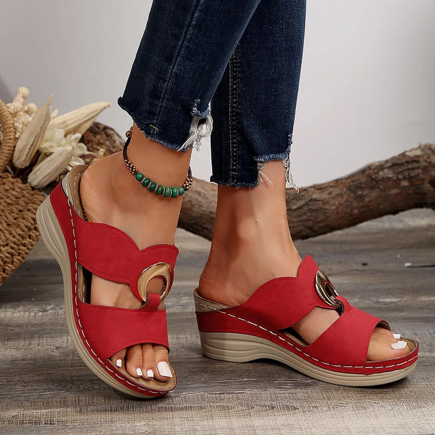 Wedge Sandals for Women Vacation Orthotic Sandals Travel Platform Sandals Leather Hollow out Slip on Shoes