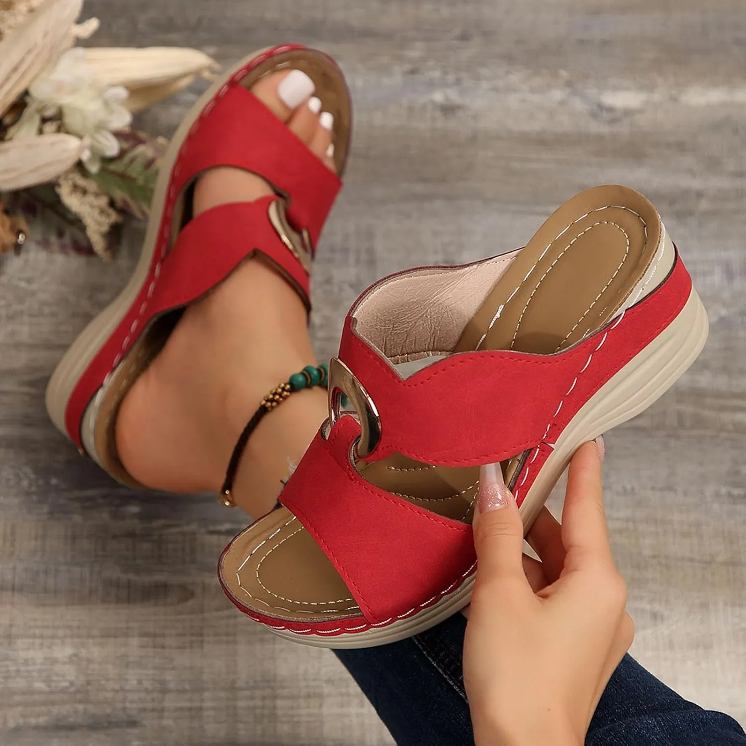 Wedge Sandals for Women Vacation Orthotic Sandals Travel Platform Sandals Leather Hollow out Slip on Shoes