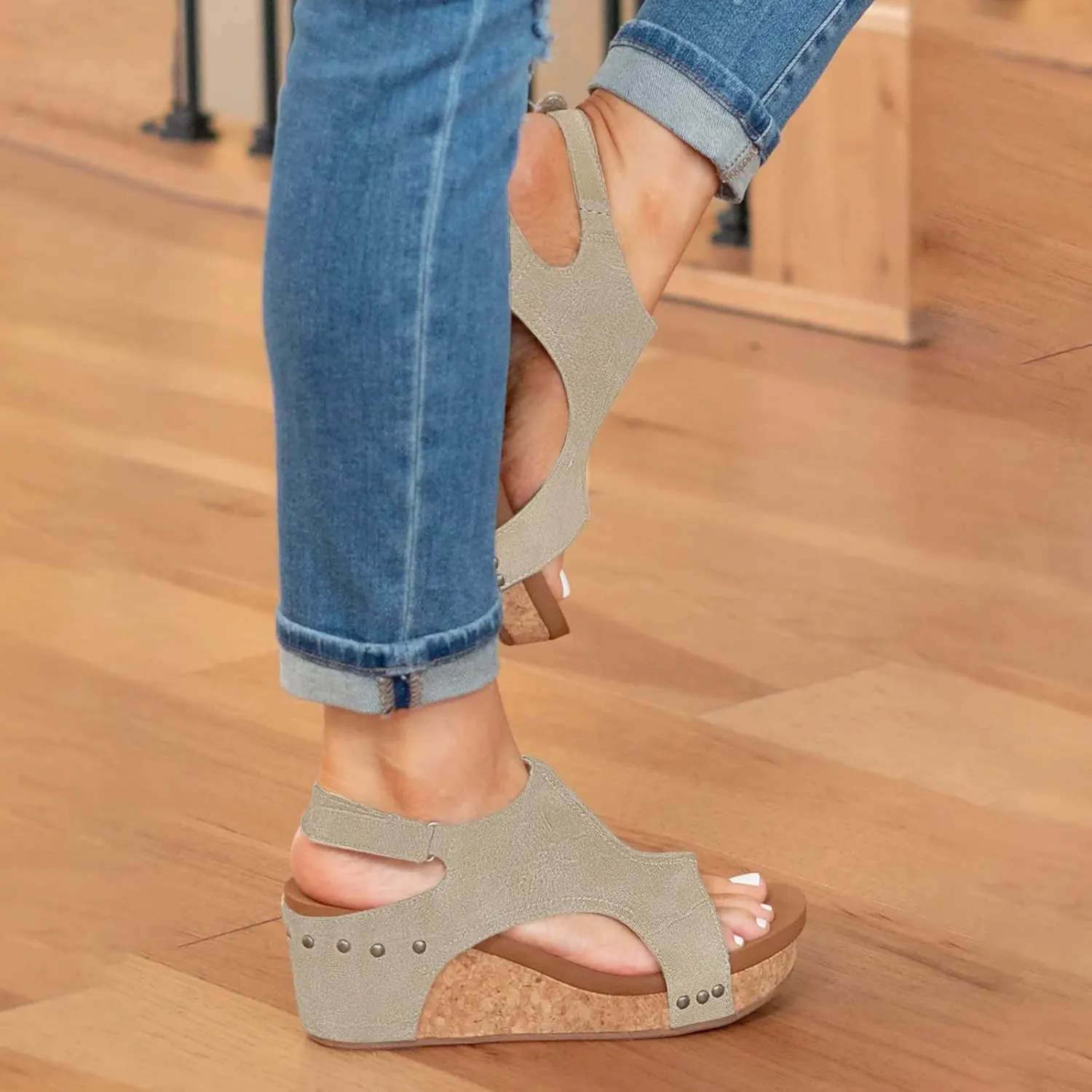 Wedge Sandals for Women, Womens Espadrilles Wedges Low Heel Open Toe Buckle Ankle Strap Leather Sandals Comfortable Strappy Platform Sandals Orthopedic Sandals Casual Summer Shoes (A-Khaki, 8)