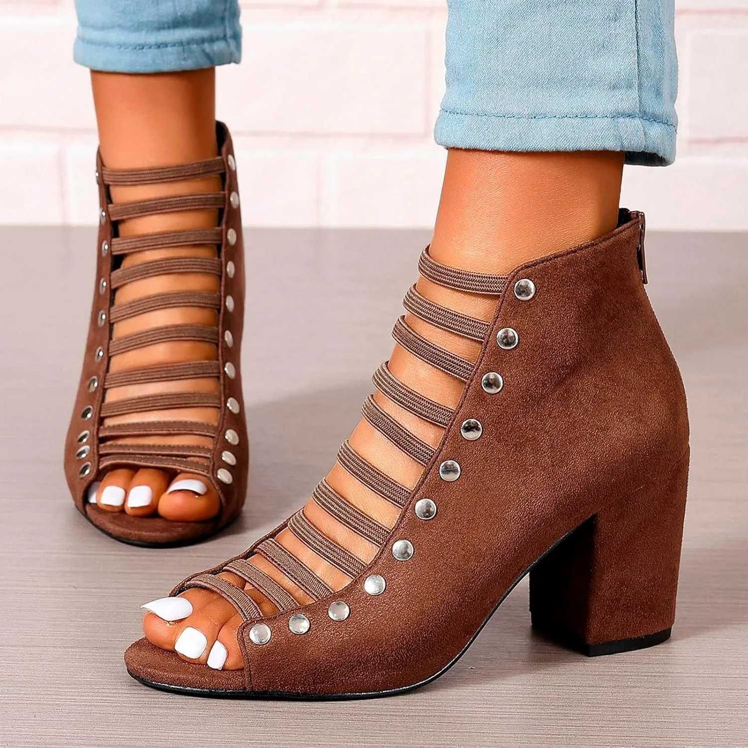 Women Toe Suede Sandals Back Zipper Cutout Sandals Chunky High Heel Ankle Strap Cork Heels for Women Wedge