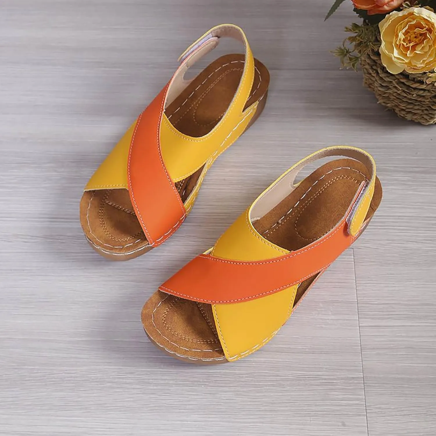 Women's Contrast Color Wedge Orthopedic Sandals 2025 Crisscross Strap Open Toe Summer Shoes Sandals with Arch Support
