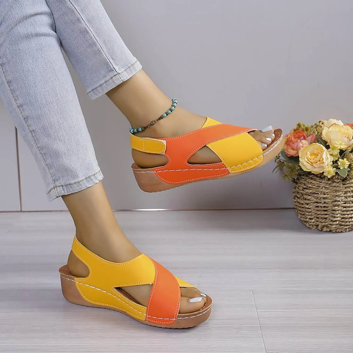 Women's Contrast Color Wedge Orthopedic Sandals 2025 Crisscross Strap Open Toe Summer Shoes Sandals with Arch Support