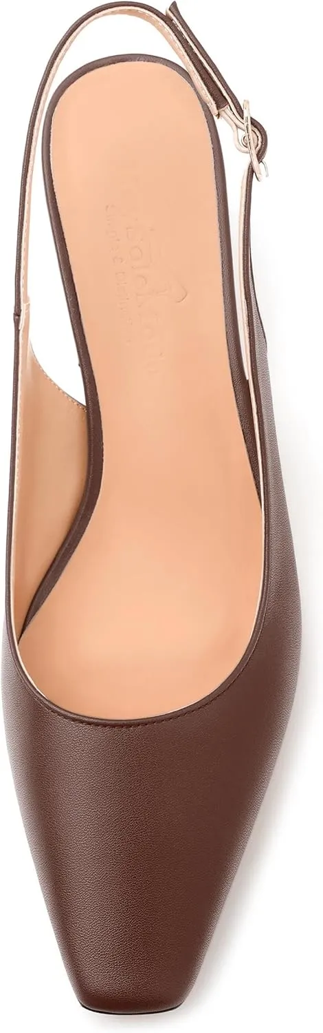 Womens Pumps, Square Toe Small Chunky Heel Slingbacks for Women, Leather Insole Slingback Pumps Buckle Closure 2"