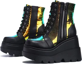 ZBYY Women Chunky Platform Boots Round Toe Lace-Up Zip High Heel Combat Wedge Ankle Boots Waterproof Motorcycle Boots