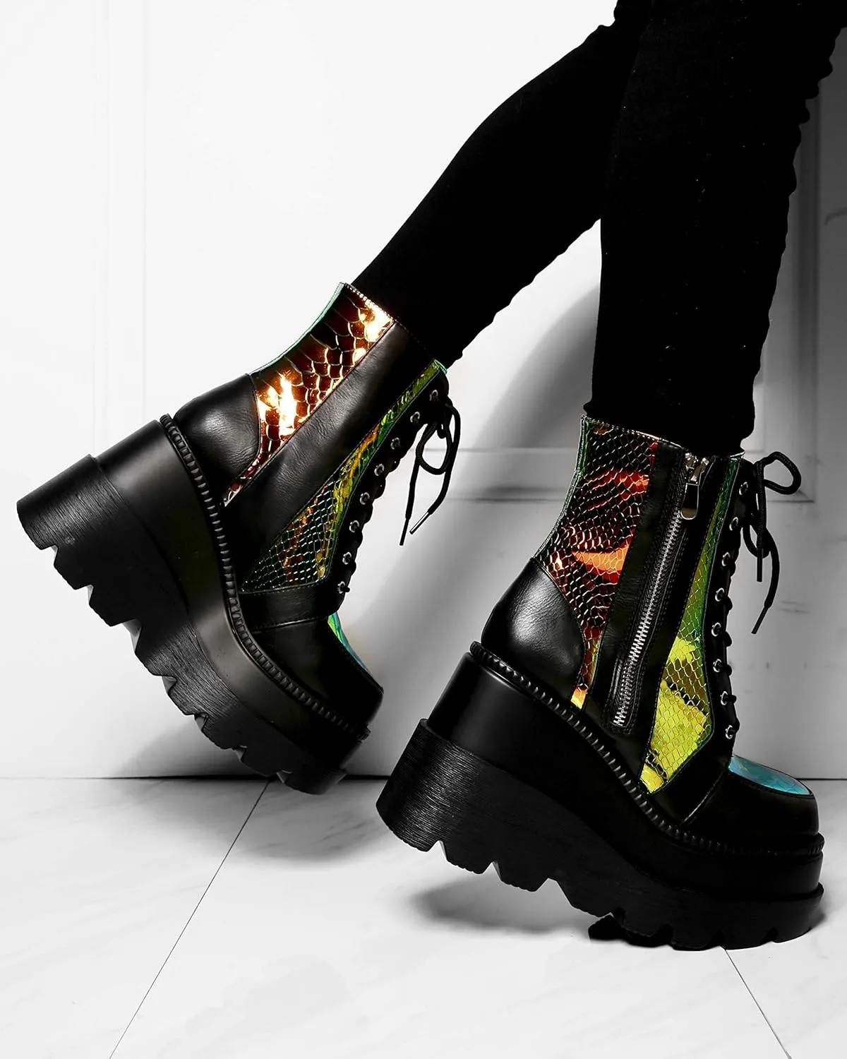 ZBYY Women Chunky Platform Boots Round Toe Lace-Up Zip High Heel Combat Wedge Ankle Boots Waterproof Motorcycle Boots